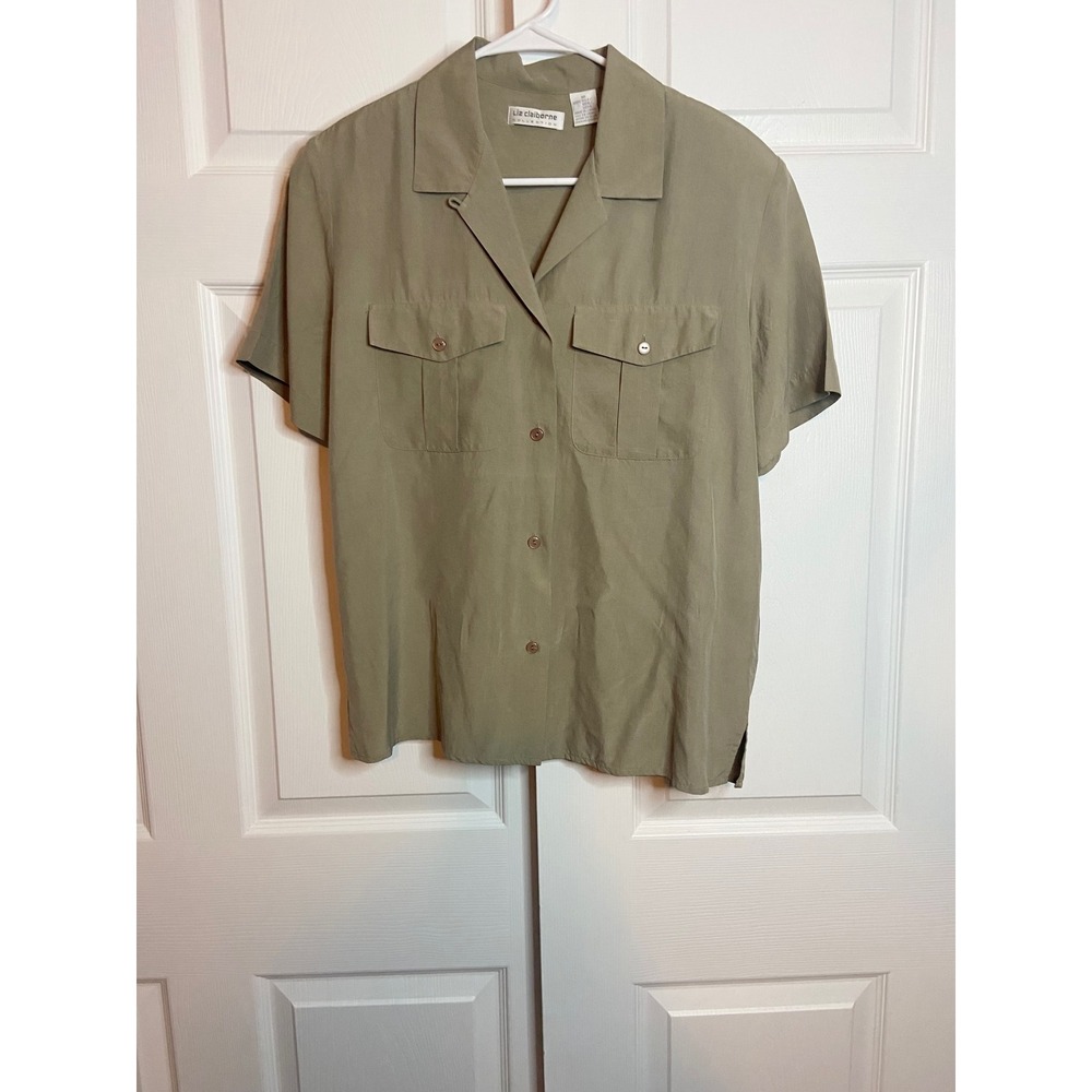 Liz Claiborne Collection Silk Short Sleeve Button Down Shirt Olive Green Size 10